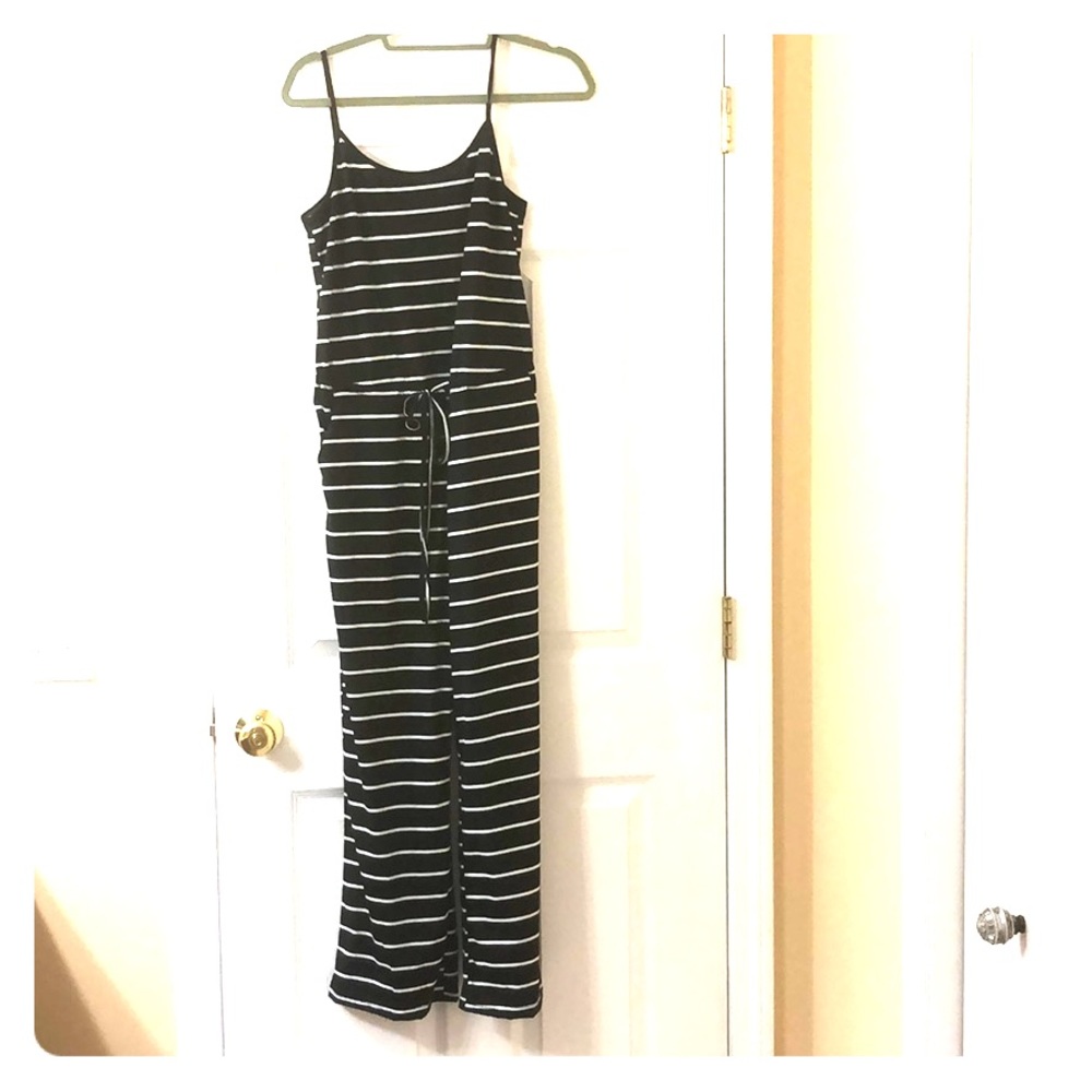Black and white striped crop jumpsuit